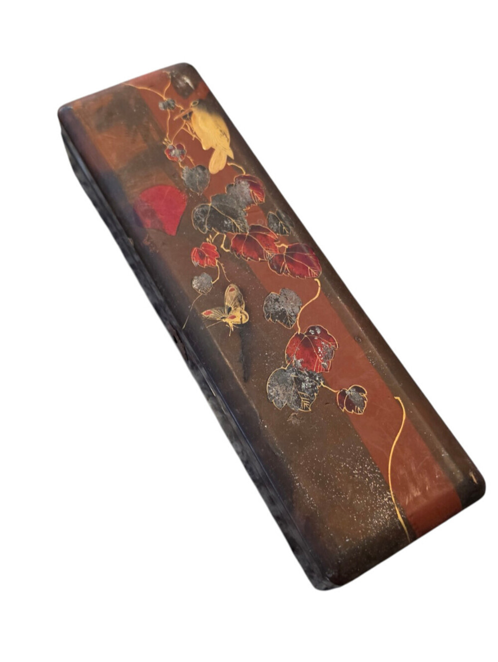 Vintage Japanese Laquered Fubako Box 12” Butterfly Bird Inlay